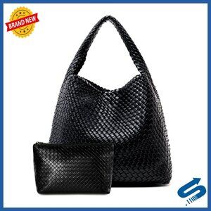 Woven Leather Tote Bag Chic Elegant Spacious Handbag with Clutch